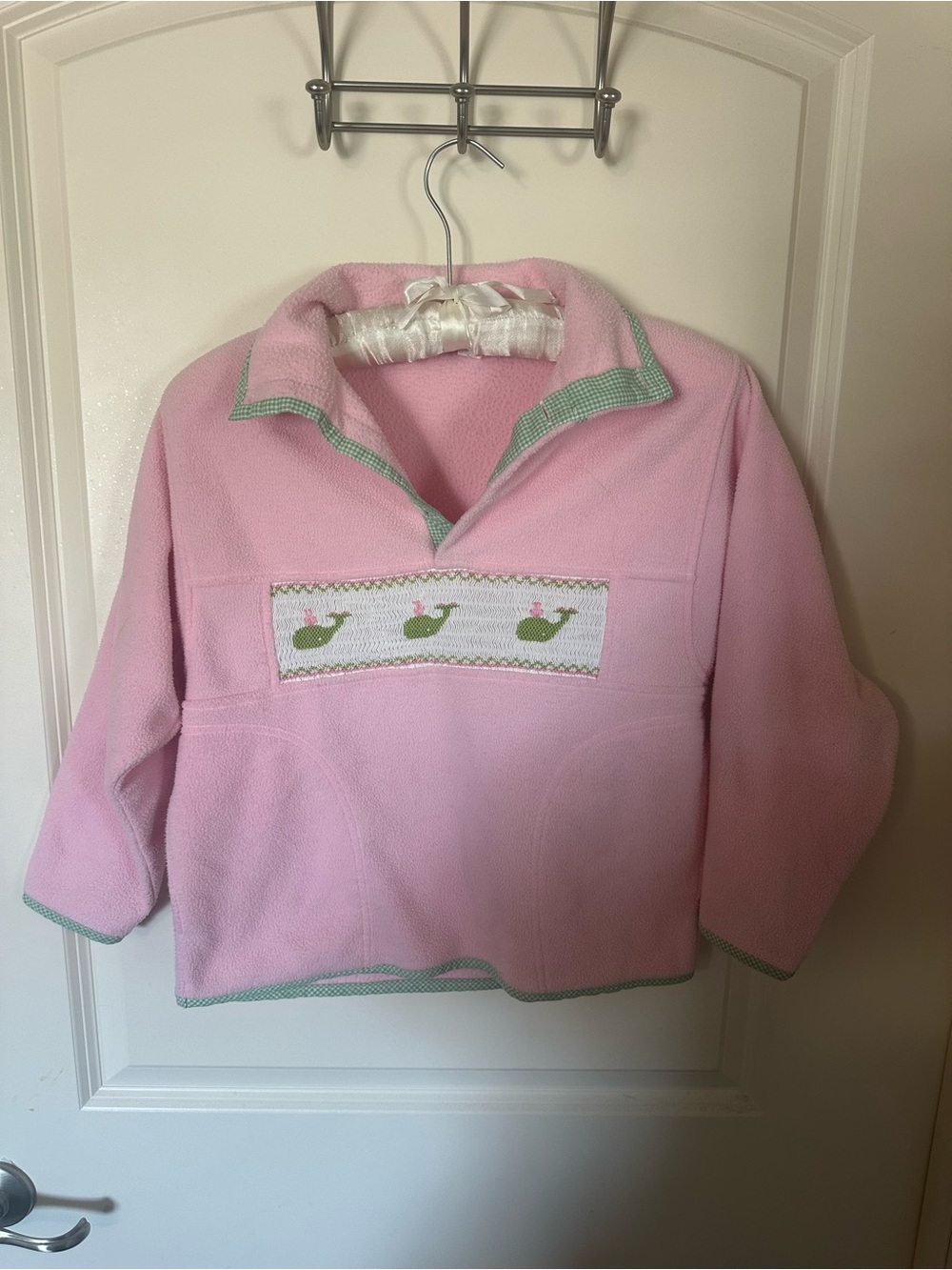 Little Follies 3T pink and green whale embroidered quarter button up